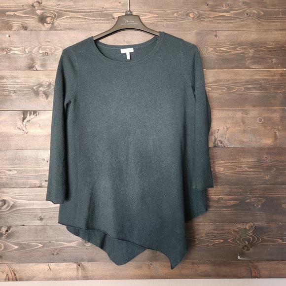 Joie Cashmere Wool Asymmetrical Hem Sweater Dark Green Size M 3/4 Sleeves - Picture 9 of 10